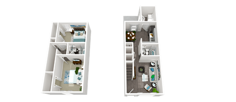 Two floor plans of a house with a kitchen, living room, and bedrooms.